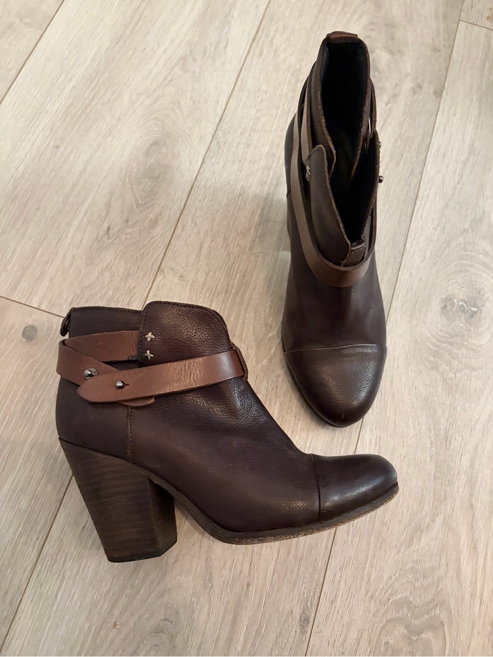 Rag & Bone Harrow Leather Ankle Booties Block Heel Brown Size 6.5